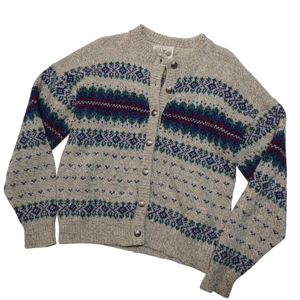 ALPS Sweater Cardigan Womens M Gray 100% Wool Fair Isle Button Front Knit